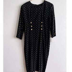 Vintage Impulsive Dress Womens 10P Petite Black Geometric Sheath Buttoned Ruched
